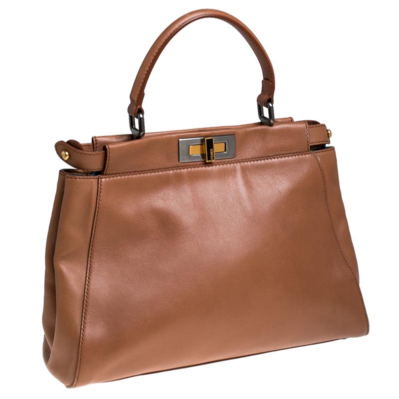 Fendi Light Brown Leather Medium Peekaboo Top Handle Bag In Good Condition In Dubai, Al Qouz 2