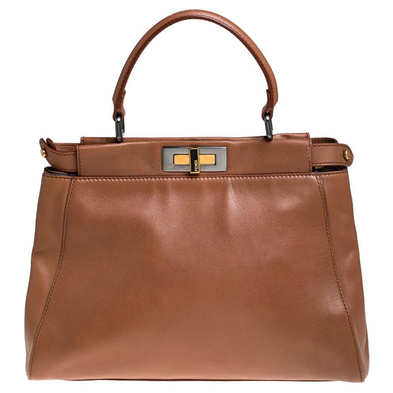 Fendi Light Brown Leather Medium Peekaboo Top Handle Bag