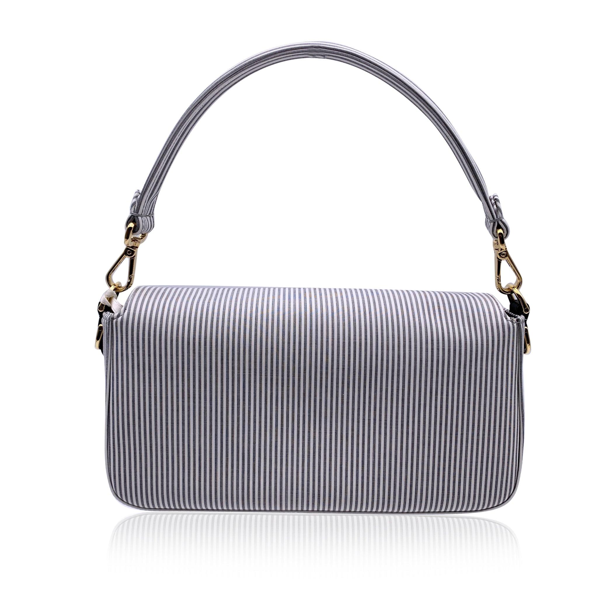 Fendi Light Grey Striped Cotton Bretagna Baguette Shoulder Bag In Excellent Condition For Sale In Rome, Rome