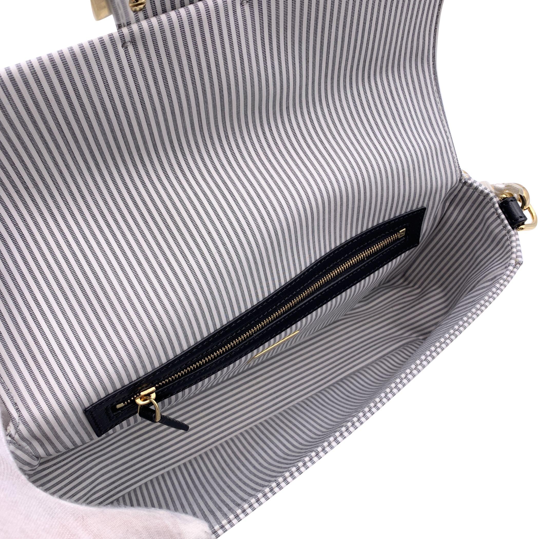 Fendi Light Grey Striped Cotton Bretagna Baguette Shoulder Bag For Sale 4