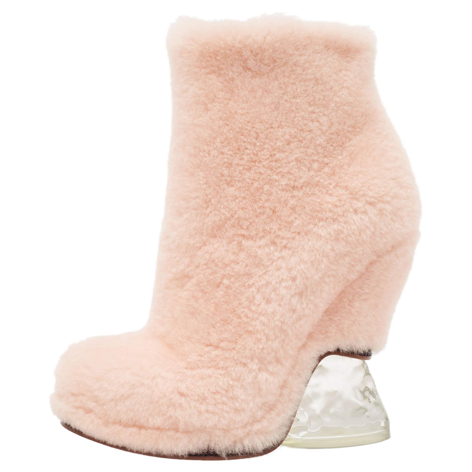 Fendi Light Pink Shearling Ice Heel Ankle Boots Size 38 For Sale