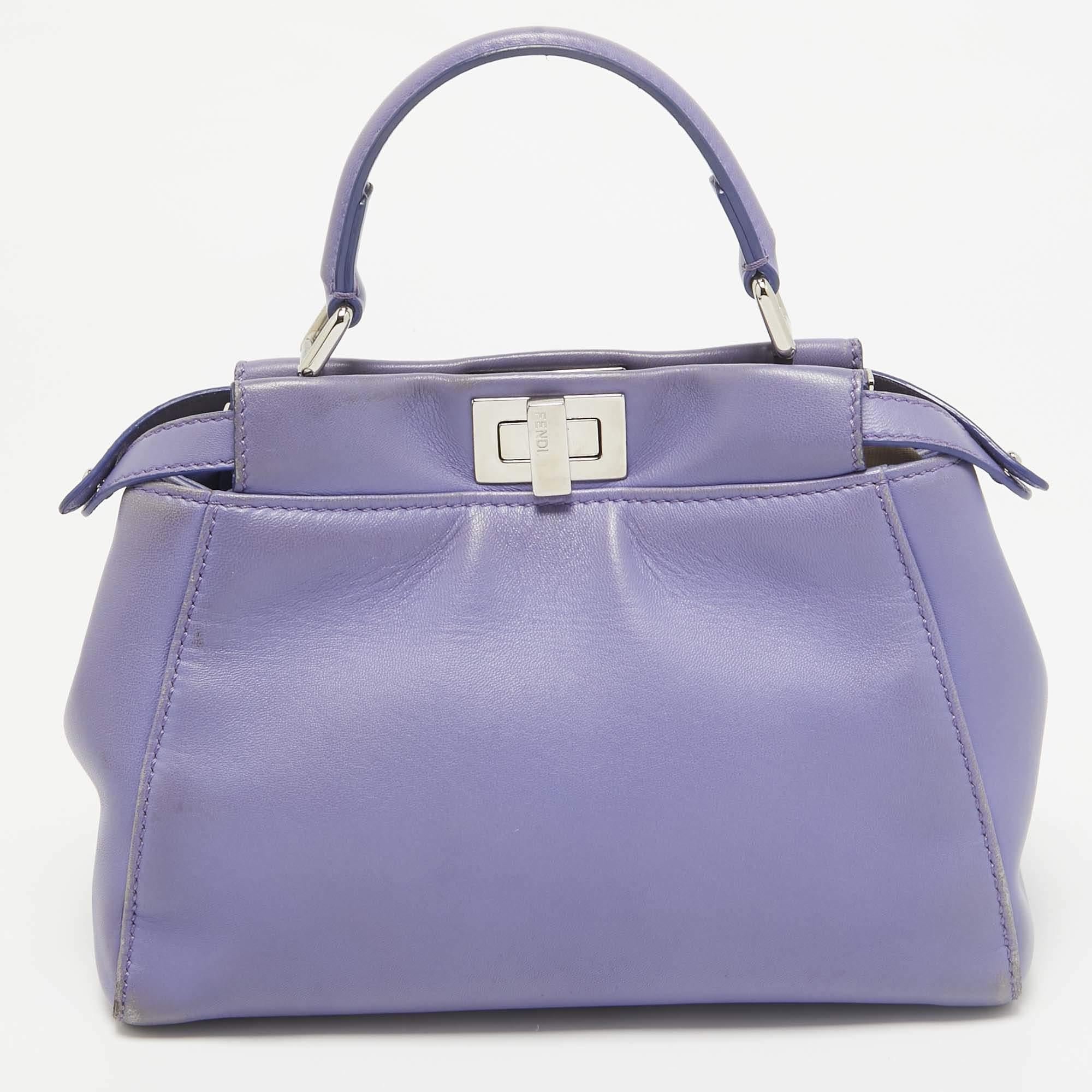 Fendi Lilac Leather Mini Peekaboo Top Handle Bag In Fair Condition In Dubai, Al Qouz 2