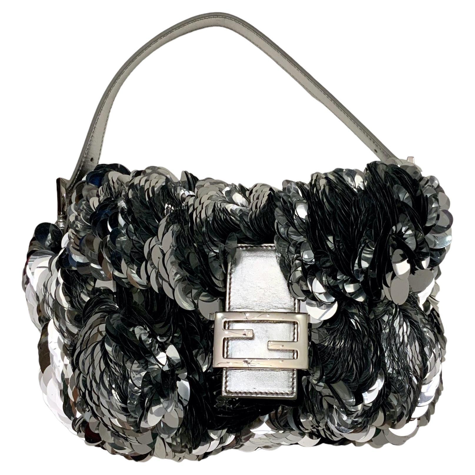 Fendi Limited Edition Silver Sequin Paillettes Leather Baguette Bag