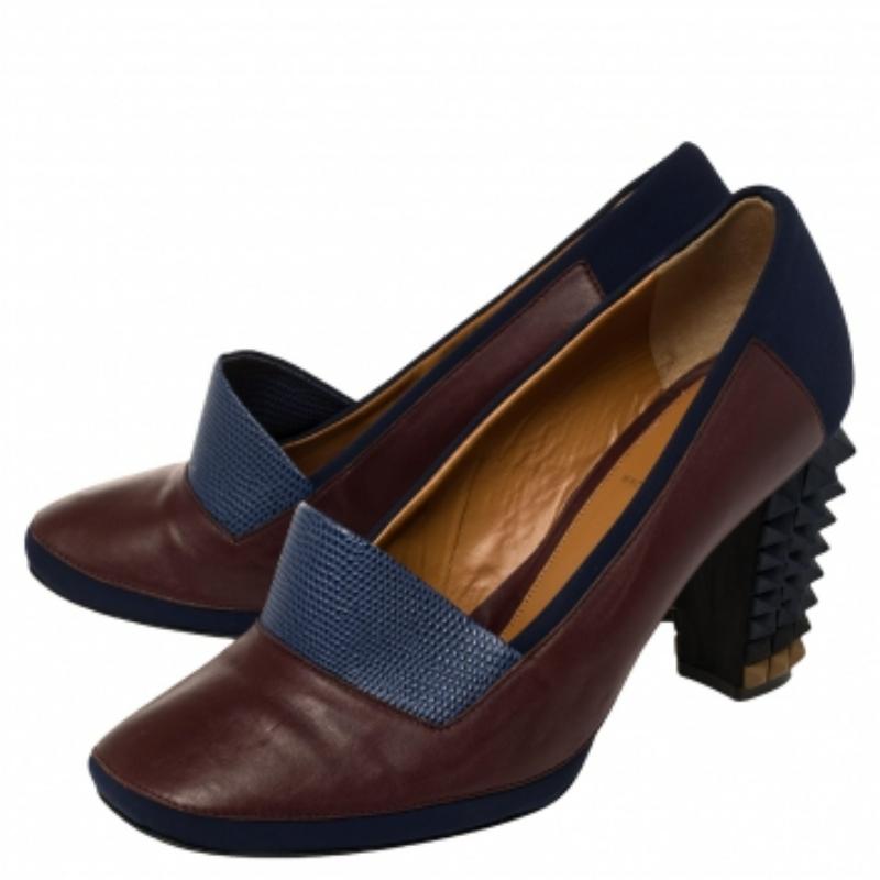 Fendi Lizard Embossed Leather & Fabric Polifonia Court Studded Heel Pumps Size39 For Sale 2