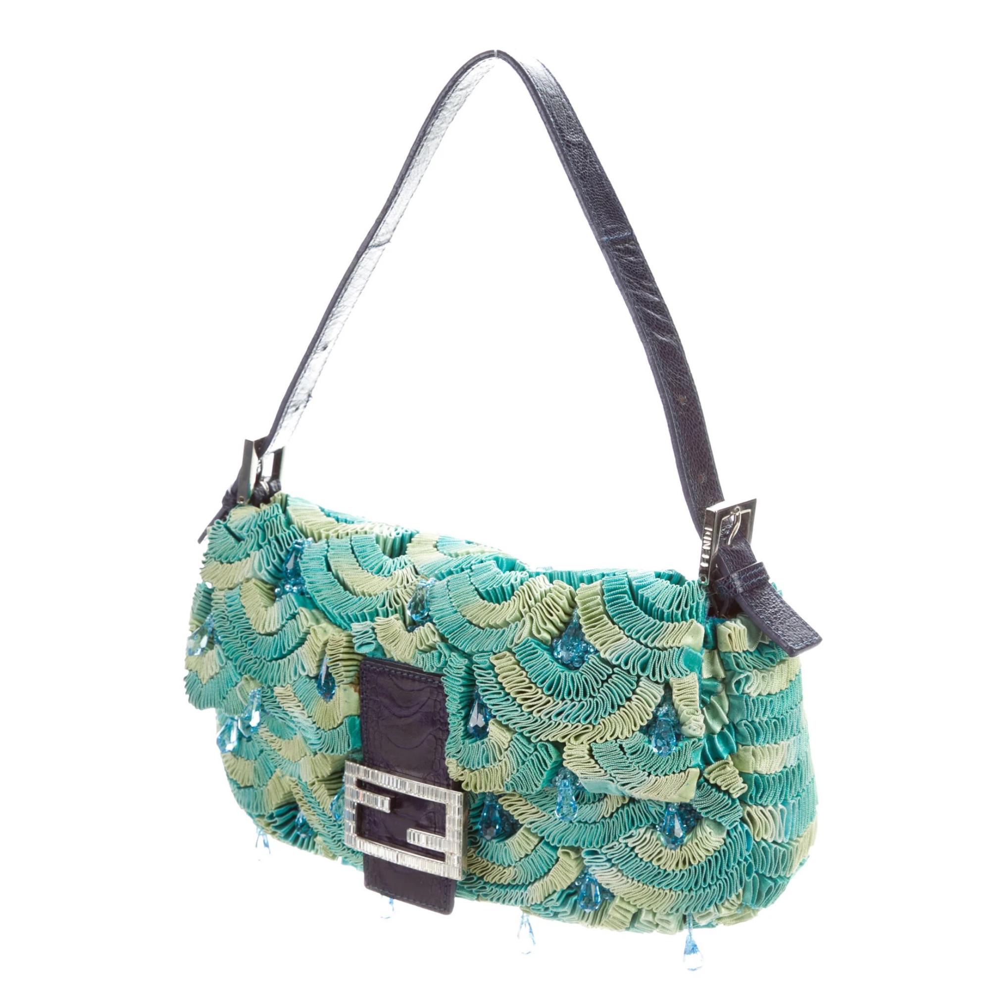 Limited Edition. Green and multicolor pleated satin Fendi Baguette with silver-tone hardware, navy lizard and ostrich leg trim, adjustable flat shoulder strap, crystal embellished logo adornment at front flap, blue crystal embellishments throughout,