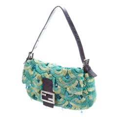 Fendi Lizard & Ostrich Leg Trimmed Embellished Baguette Bag