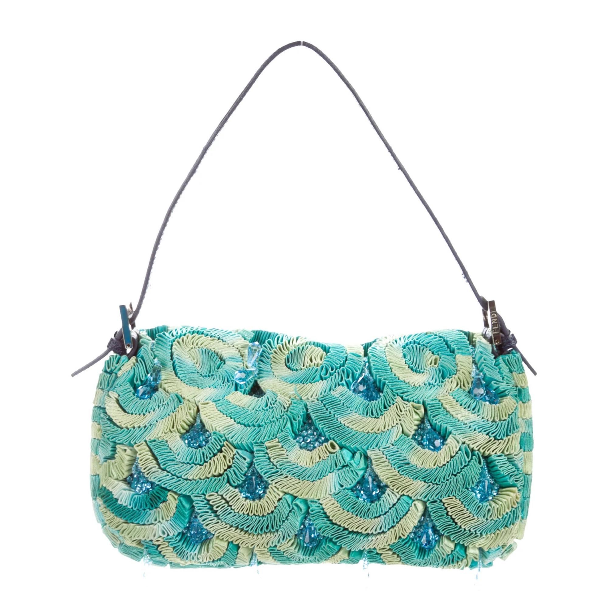 Blue Fendi Lizard & Ostrich Leg Trimmed Embellished Baguette Bag