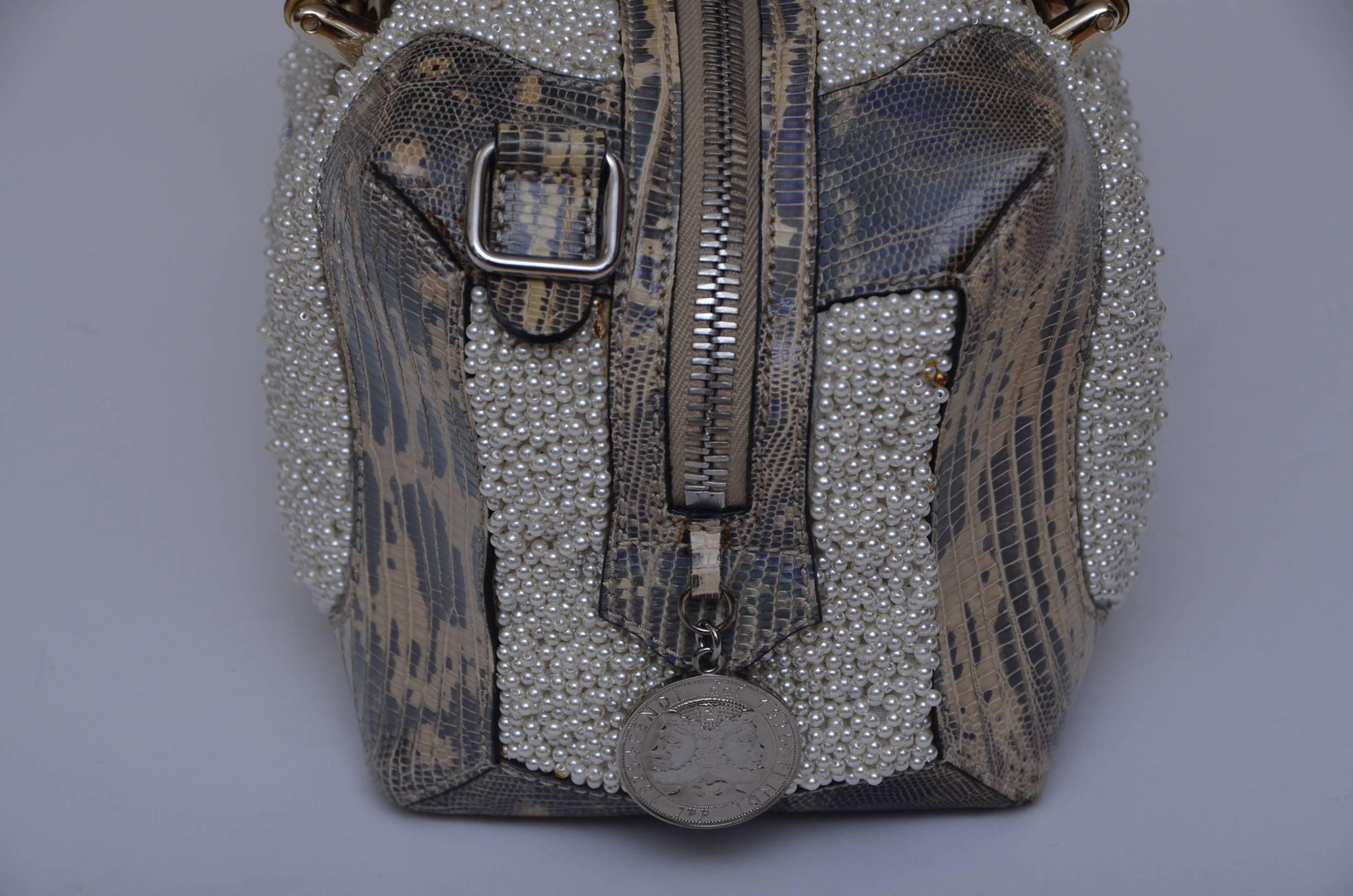Fendi Lizard Squirrel And Faux Pearls Embellished Handbag  Fall 2005 In Excellent Condition In New York, NY
