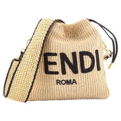 Fendi Logo Drawstring Bag Raffia with Leather