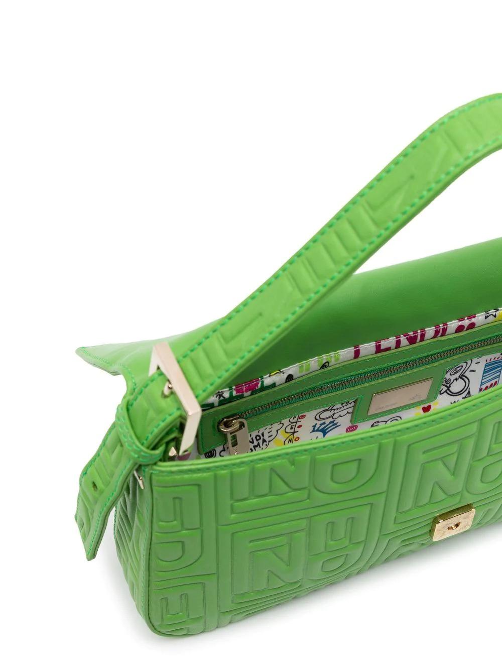 Green Fendi Logo Embossed Leather Baguette