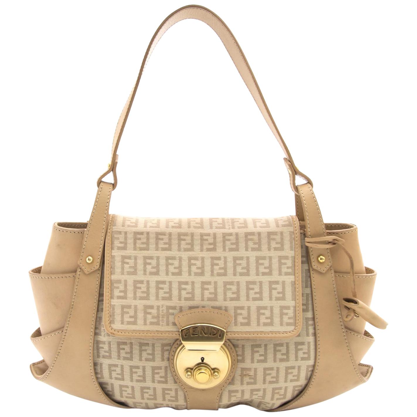 Fendi Logo Fabric and Tan Leather Baguette Bag