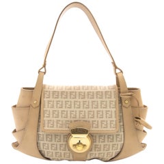 Fendi Logo Fabric and Tan Leather Baguette Bag