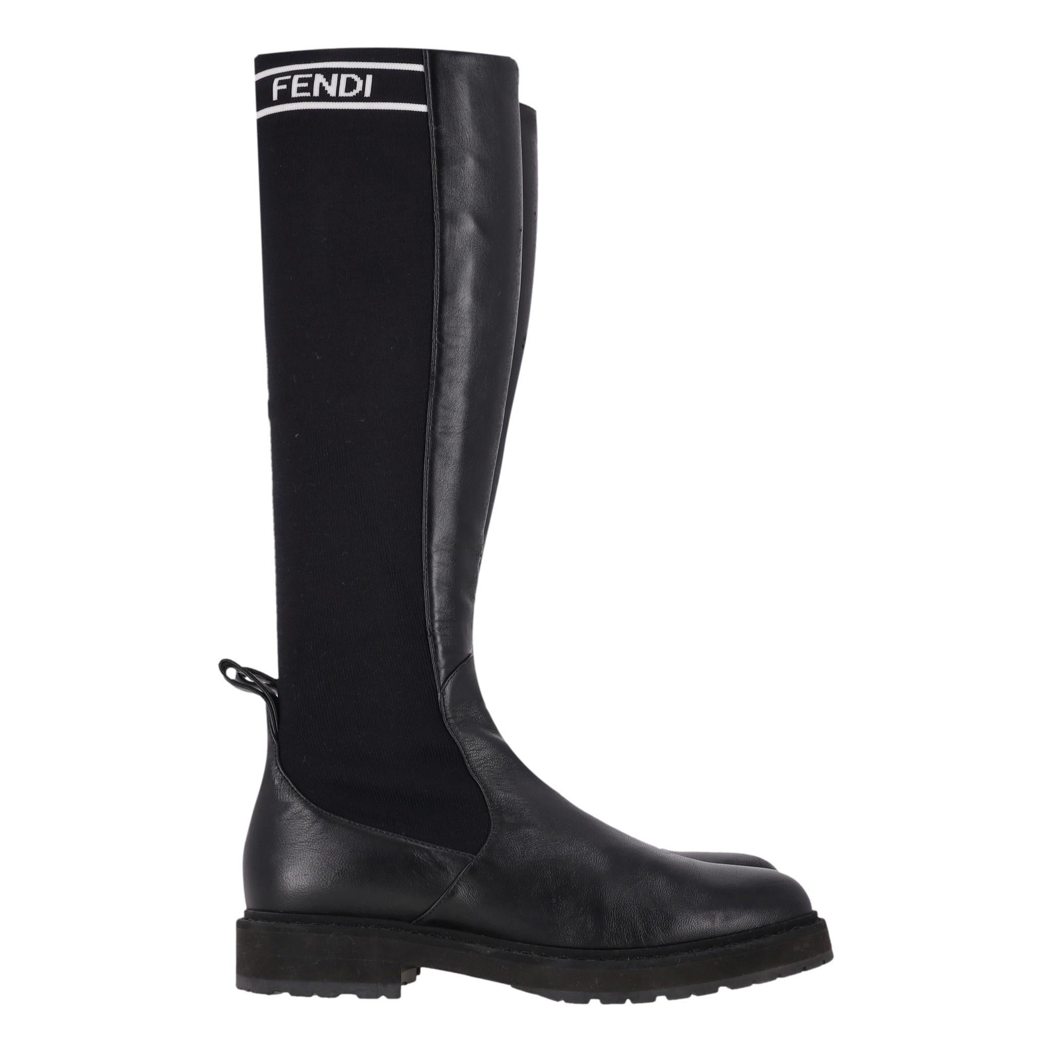 Fendi Logo Leather Knee Sock Boots In Fair Condition For Sale In London, GB