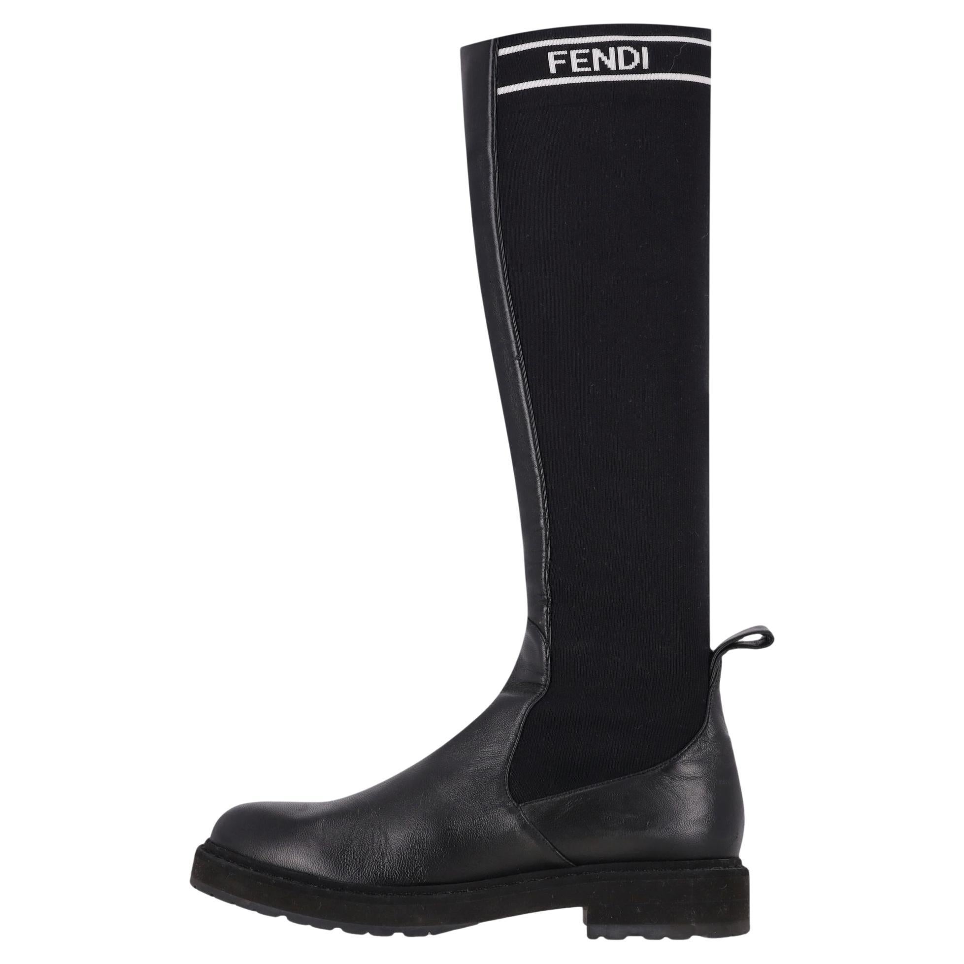 Fendi Logo Leather Knee Sock Boots For Sale