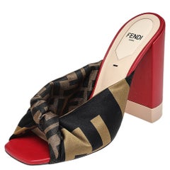 Fendi Logo Print Satin And Leather Twist Knotted Open Toe Mules Size 36