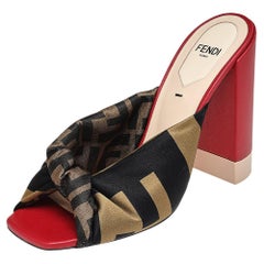 Fendi Logo Print Satin And Leather Twist Knotted Open Toe Mules Size 36