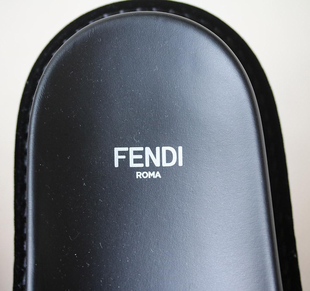 Black Fendi Logo-Print Shearling Slides