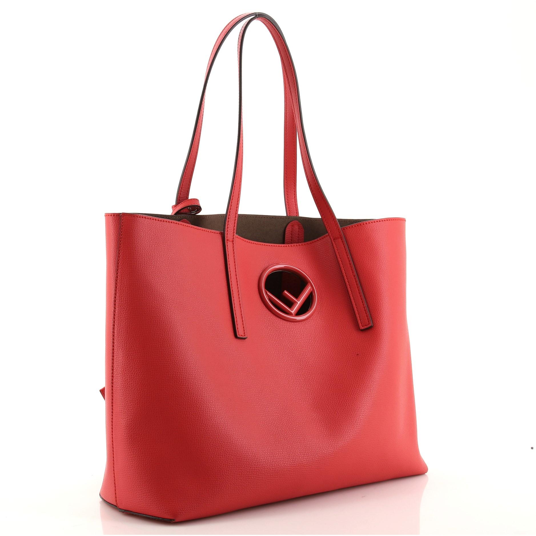 Red Fendi Logo Shopper Tote Leather