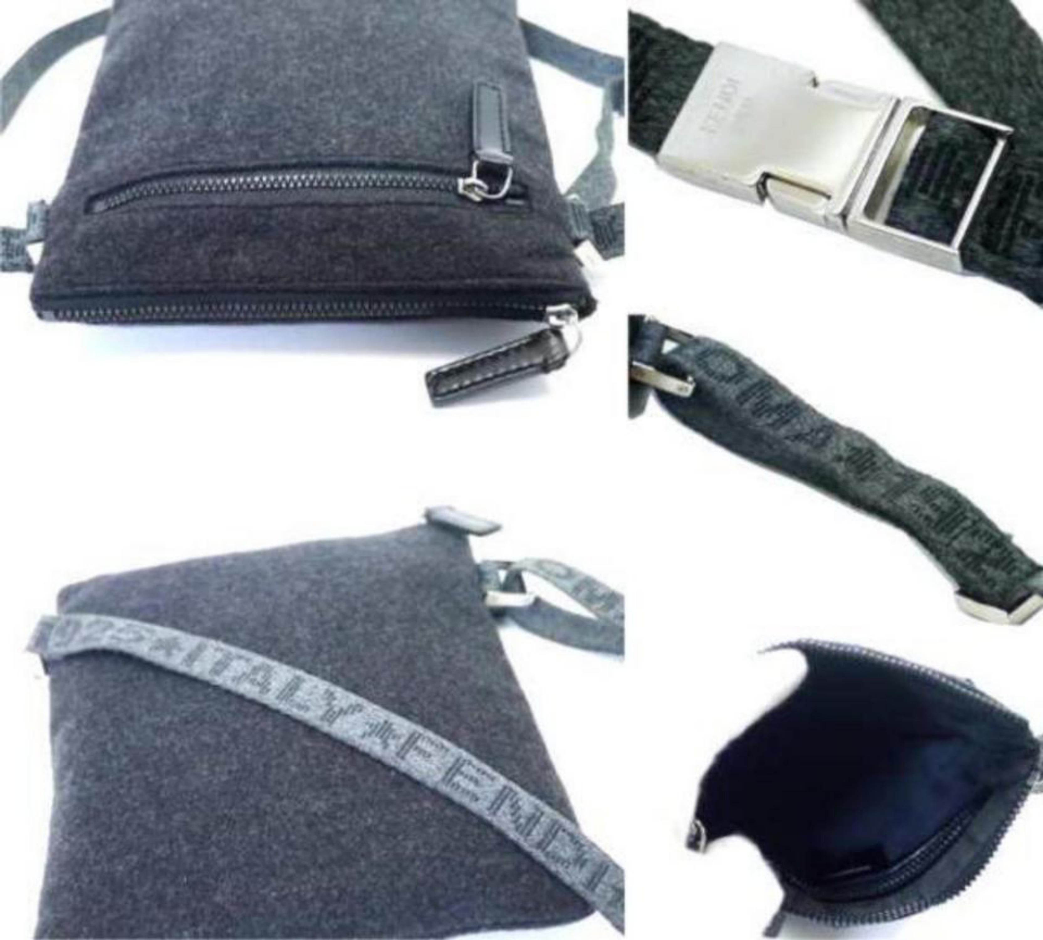 Black Fendi Logo Strap Bum Waist Pouch 228583 Charcoal Wool Blend Shoulder Bag For Sale