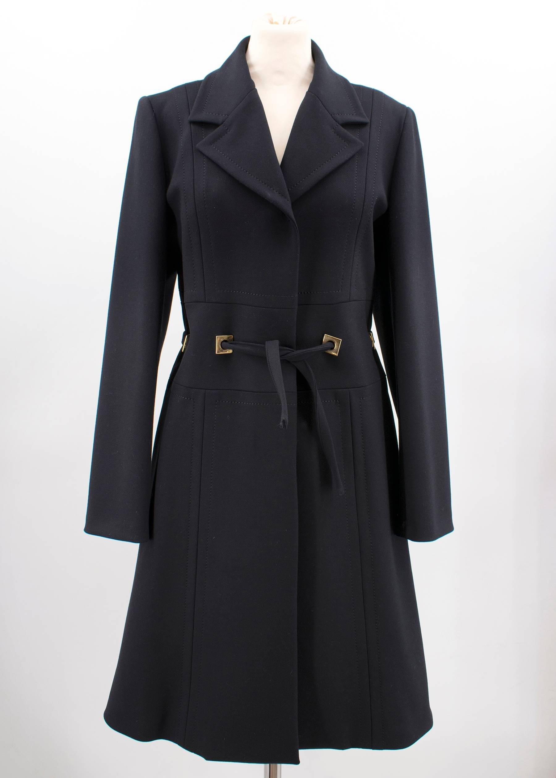 Fendi black long belted coat

Featuring:
-classic lapels
-long sleeves
-button fastening
-mid-length
-self-tie fastening 
Made in Italy

Condition: 9/10	
Approx. 
Shoulders: 41cm 
Breast: 50cm 
Length: 99cm