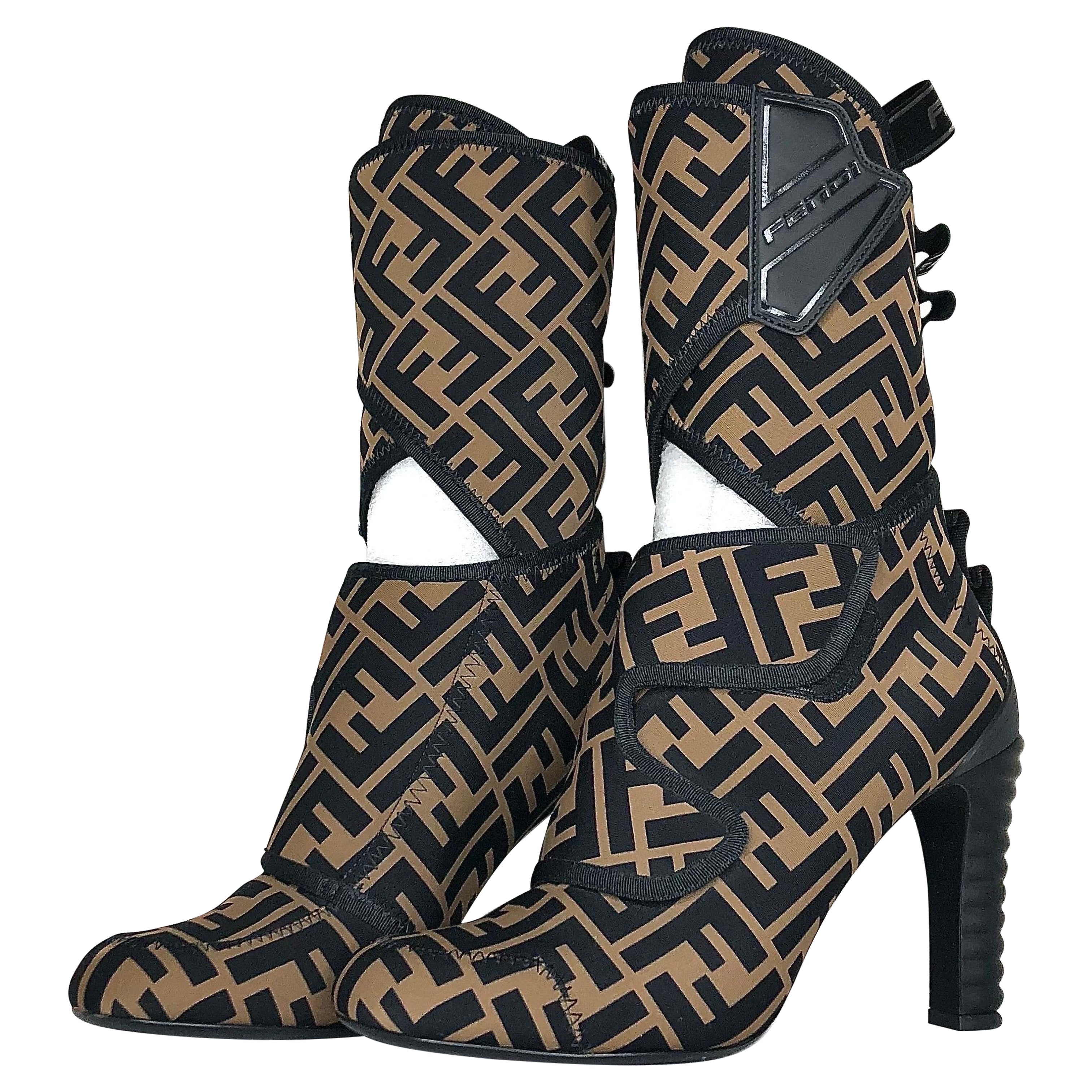 Fendi Lycra Vitello FF Logo Tape Promenade Heeled Boots 38
