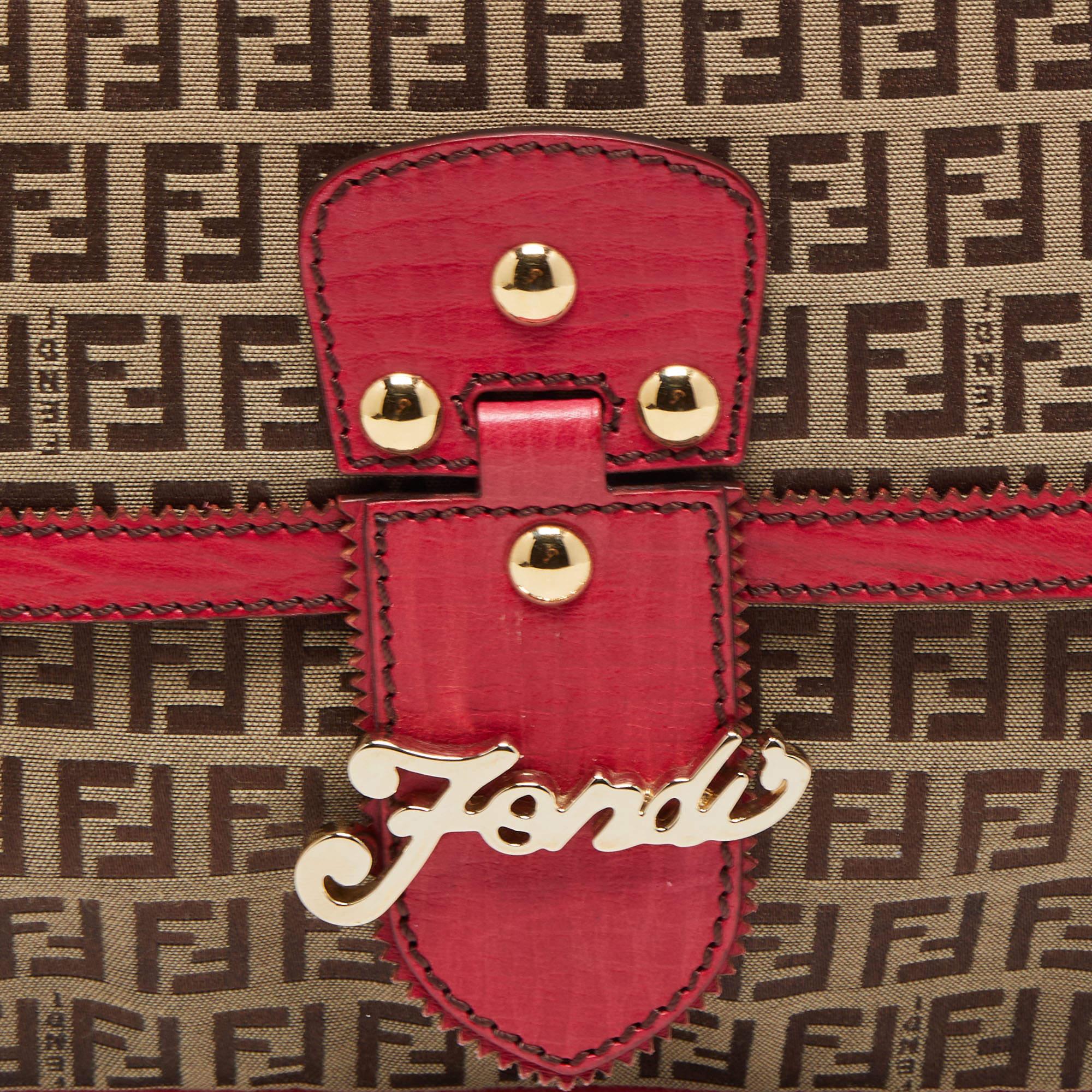 Fendi Magenta/Beige Zucchino Canvas and Leather Flap Shoulder Bag 4