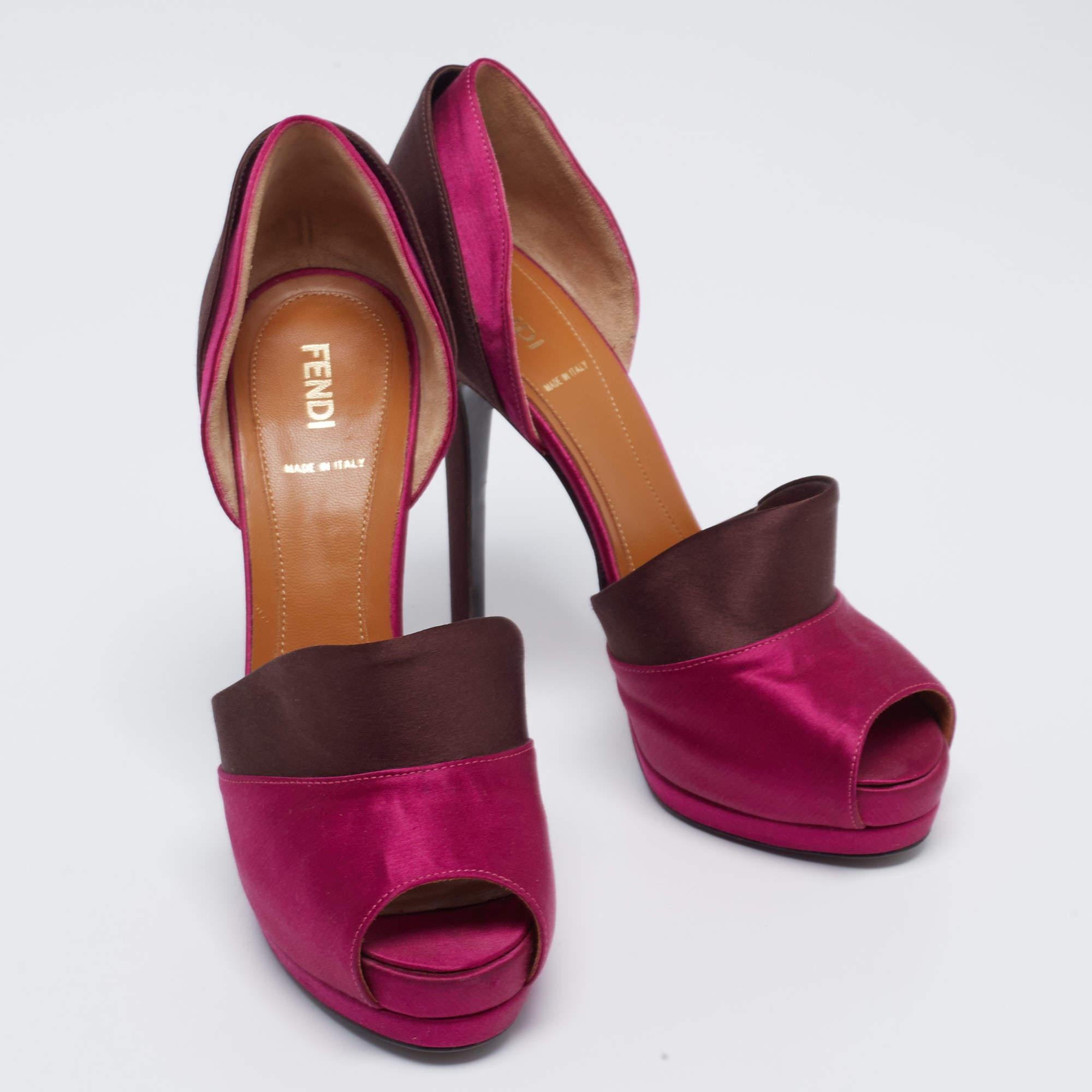 Women's Fendi Magenta/Brown Satin Anemone D'orsay Peep-Toe Platform Pumps Size 38.5