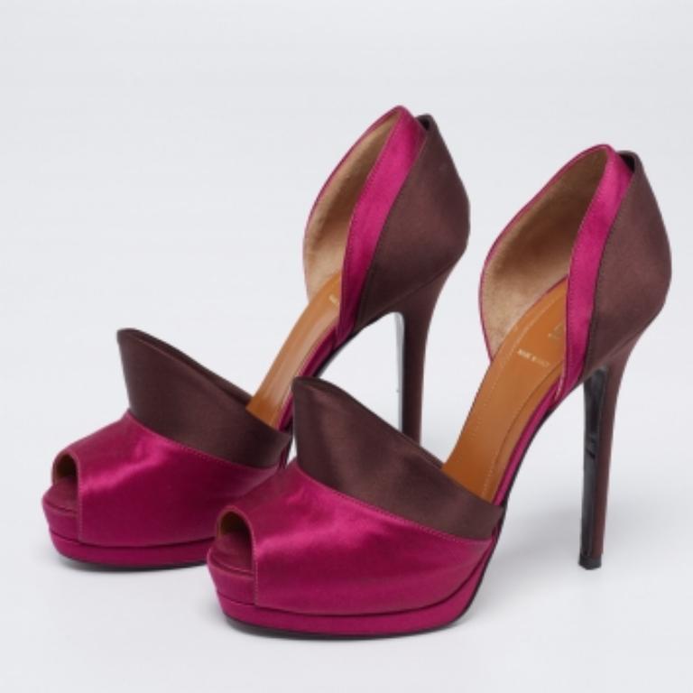 Women's Fendi Magenta/Brown Satin Anemone D'orsay Peep-Toe Platform Pumps Size 38.5 For Sale