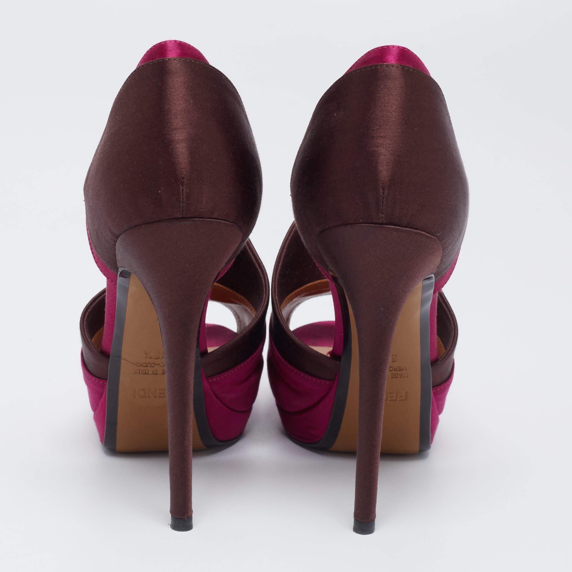 Fendi Magenta/Brown Satin Anemone D'orsay Peep-Toe Platform Pumps Size 38.5 1