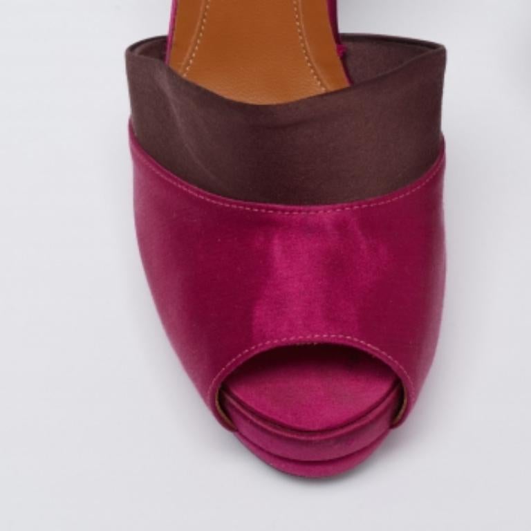 Fendi Magenta/Brown Satin Anemone D'orsay Peep-Toe Platform Pumps Size 38.5 For Sale 1