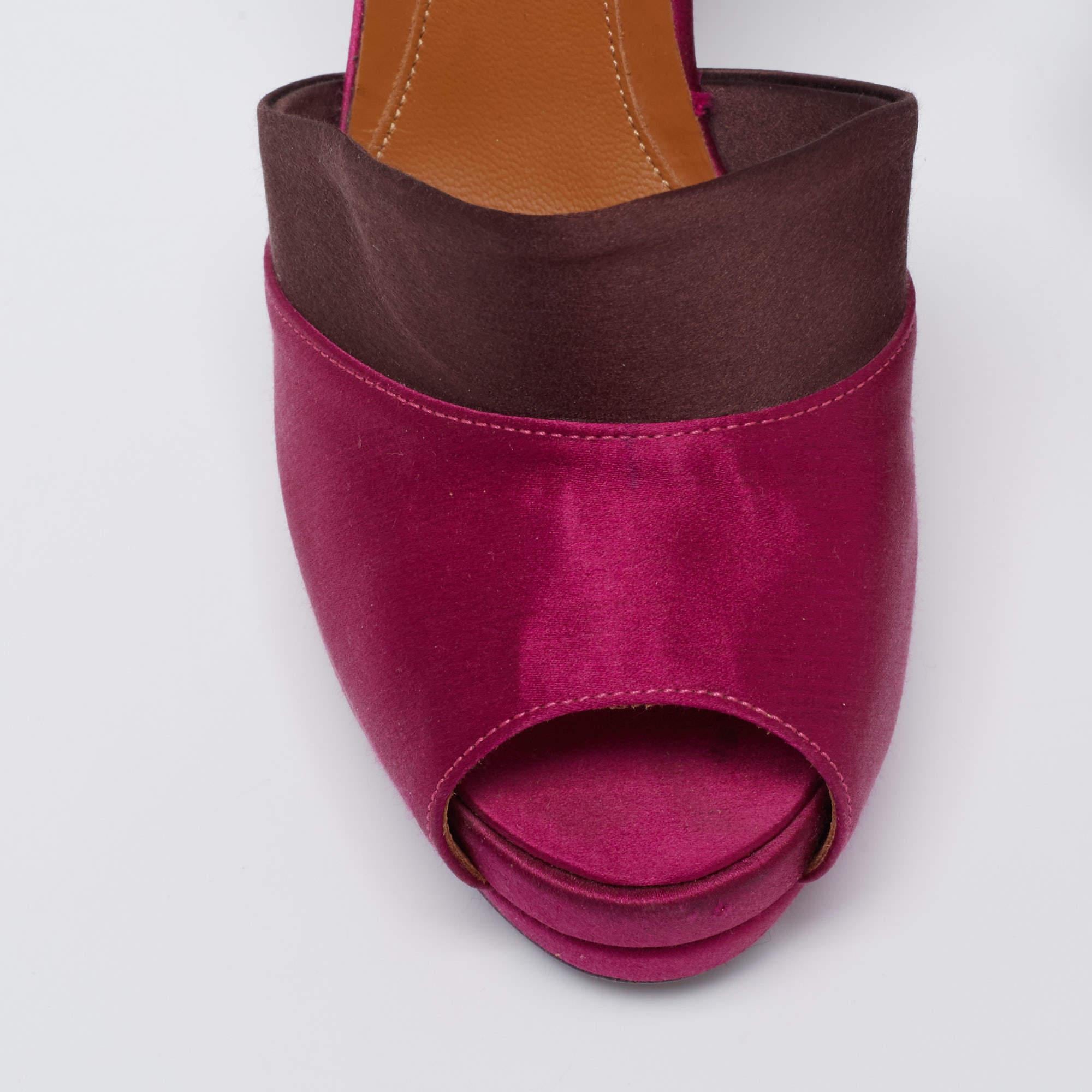 Fendi Magenta/Brown Satin Anemone D'orsay Peep-Toe Platform Pumps Size 38.5 3