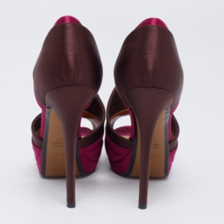 Fendi Magenta/Brown Satin Anemone D'orsay Peep-Toe Platform Pumps Size 38.5 For Sale 3