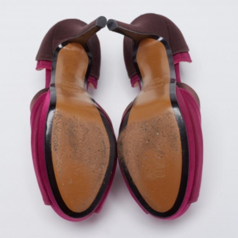Fendi Magenta/Brown Satin Anemone D'orsay Peep-Toe Platform Pumps Size 38.5 For Sale 4