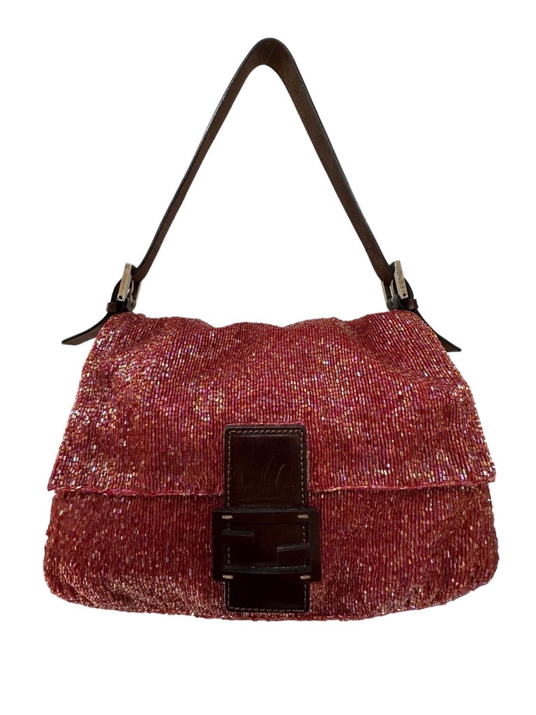 Fendi Sequin and Leather Baguette Mini Red