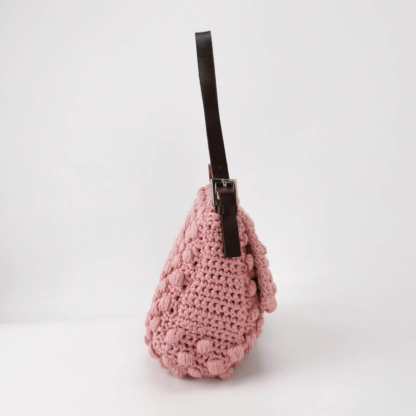 Brown Fendi Mamma Baguette Bag Pink Crochet Shoulder Bag
