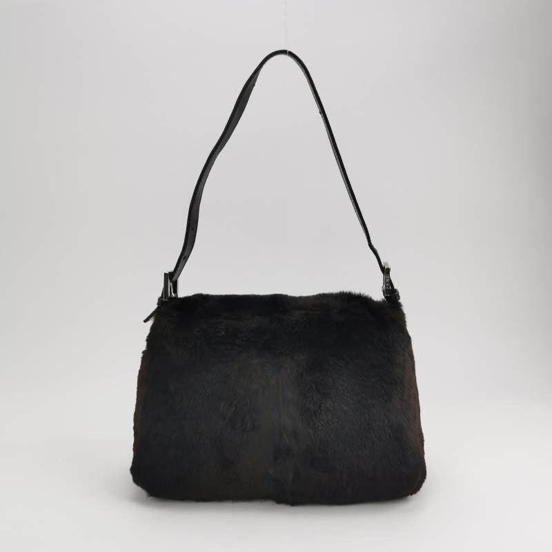 Women's Fendi Mamma Baguette Black Faux Fur Shoulder Bag