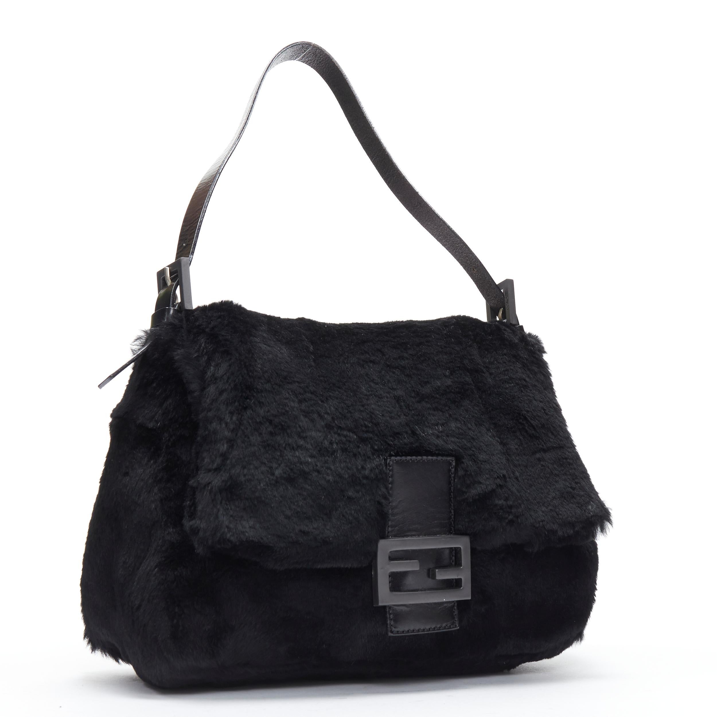 Black FENDI Mamma Baguette black genuine fur FF buckle flap shoulder bag