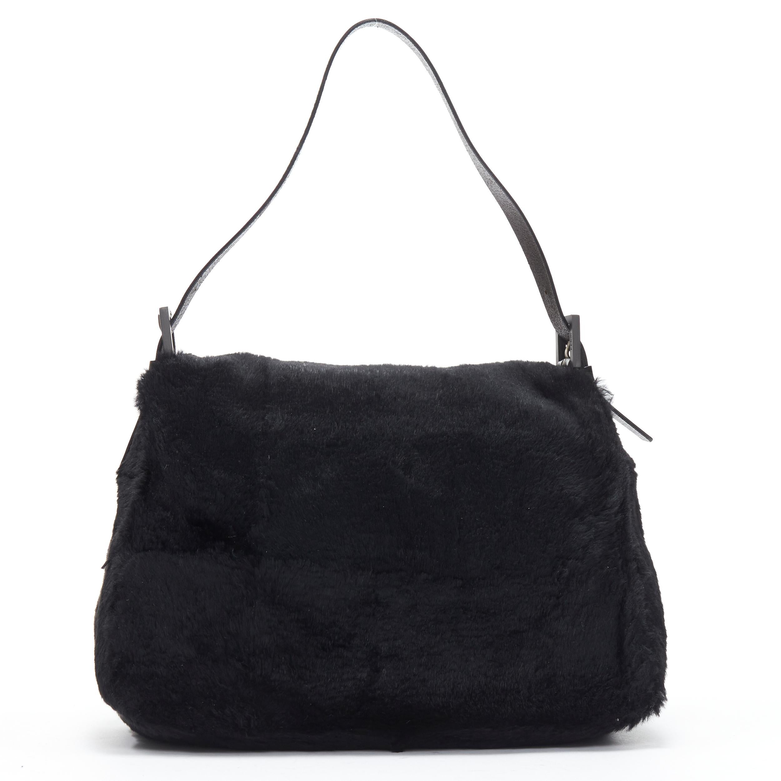 Women's FENDI Mamma Baguette black genuine fur FF buckle flap shoulder bag