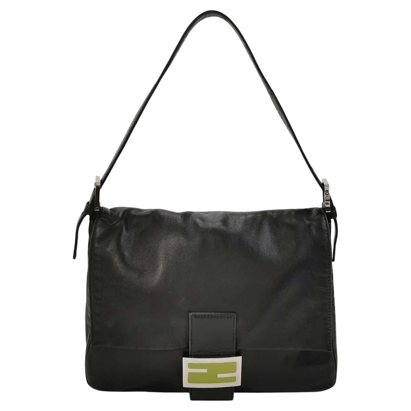 Fendi Mamma Baguette Black Lambskin Leather Green Enamel Buckle