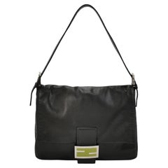 Fendi Mamma Baguette Black Lambskin Leather Green Enamel Buckle