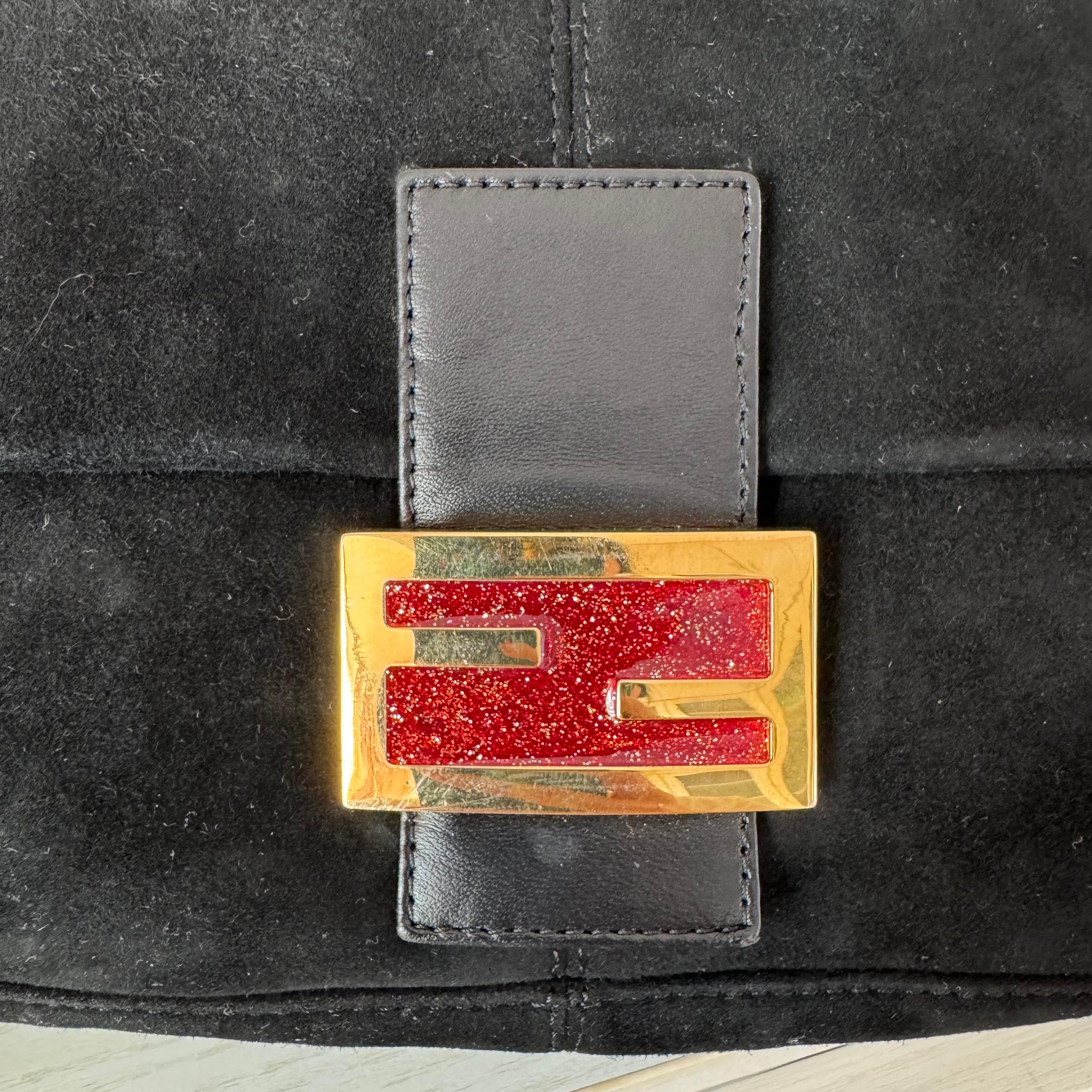 Fendi Mamma Baguette Black Suede Leather Red Buckle For Sale 6