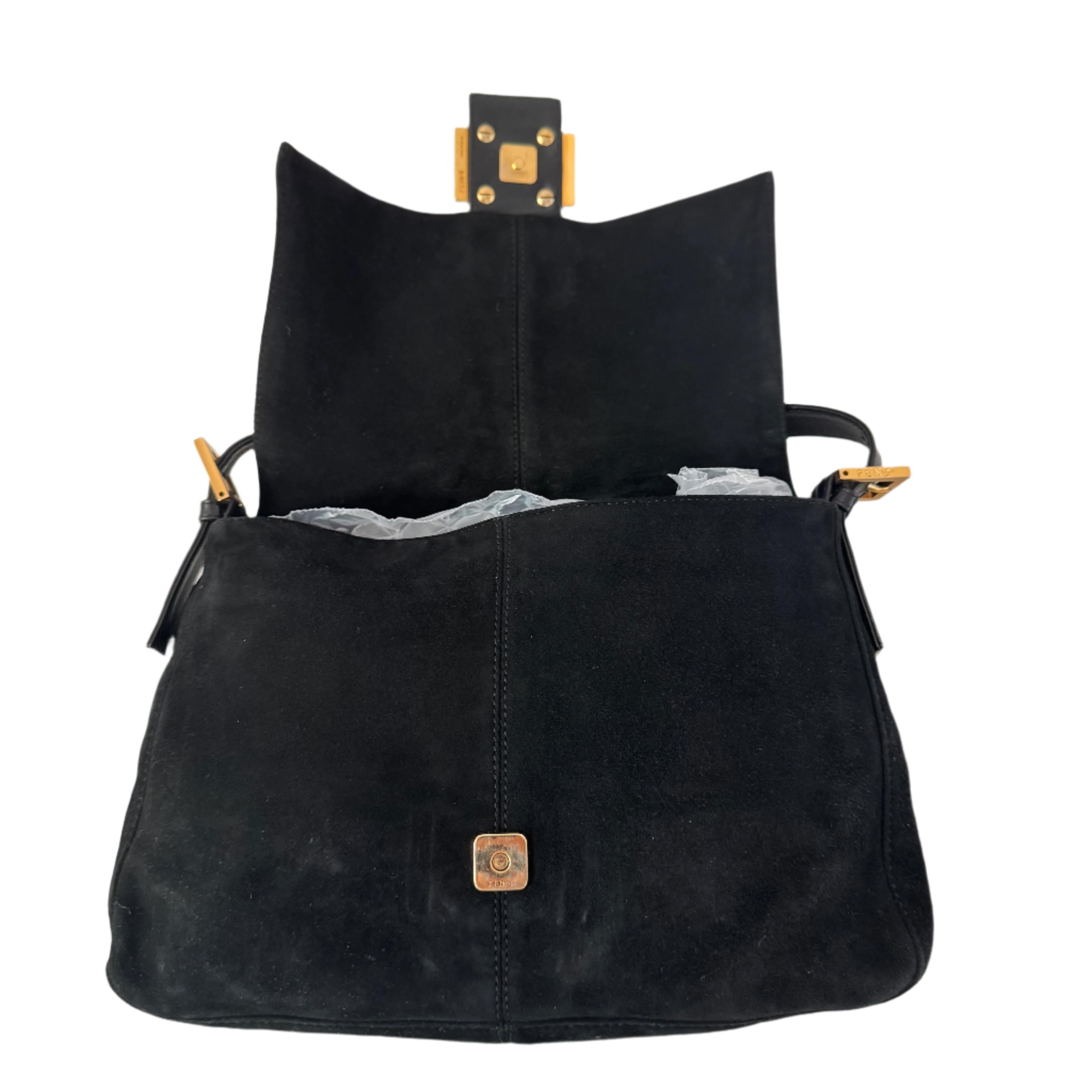 Fendi Mamma Baguette Black Suede Leather Red Buckle For Sale 15
