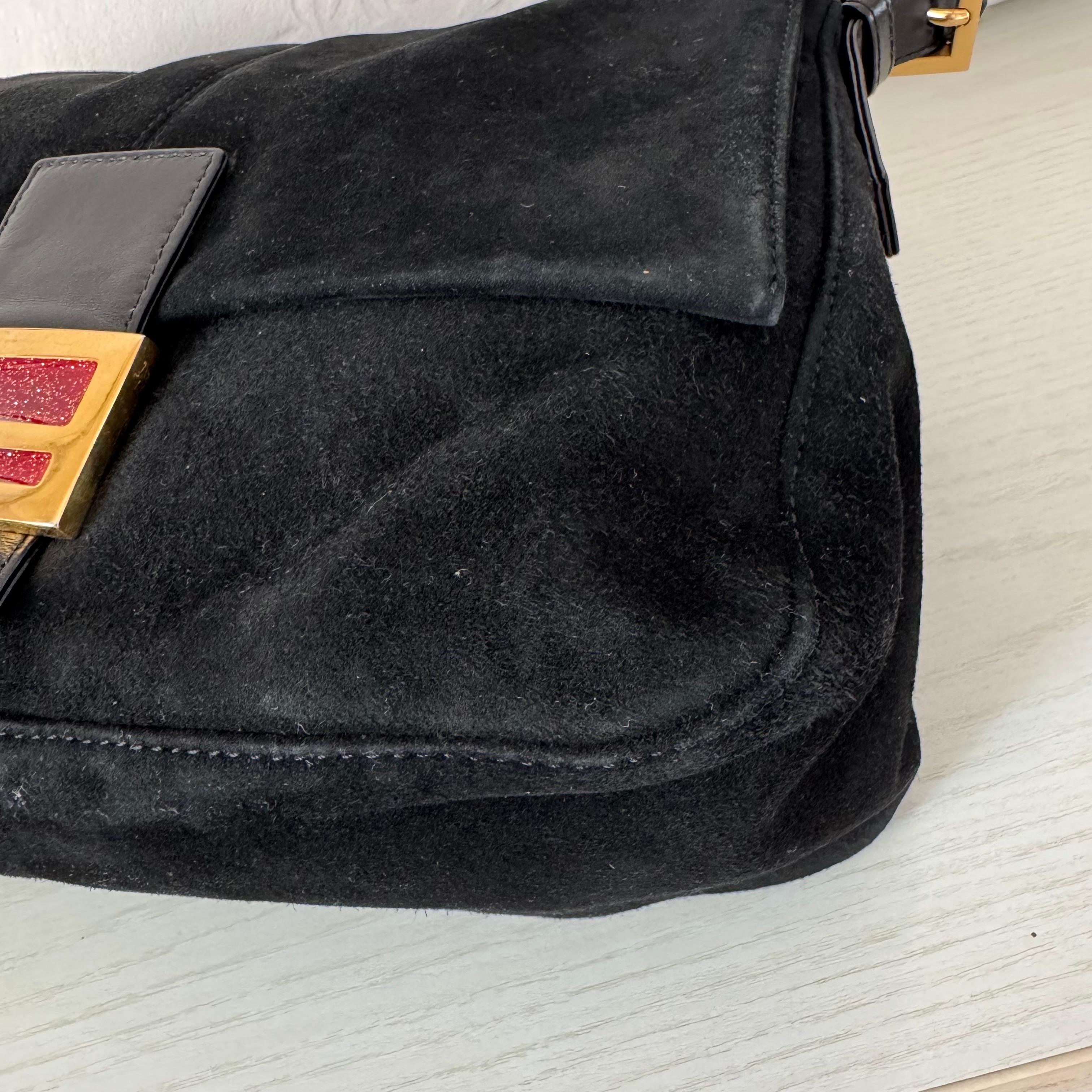 Fendi Mamma Baguette Black Suede Leather Red Buckle For Sale 3