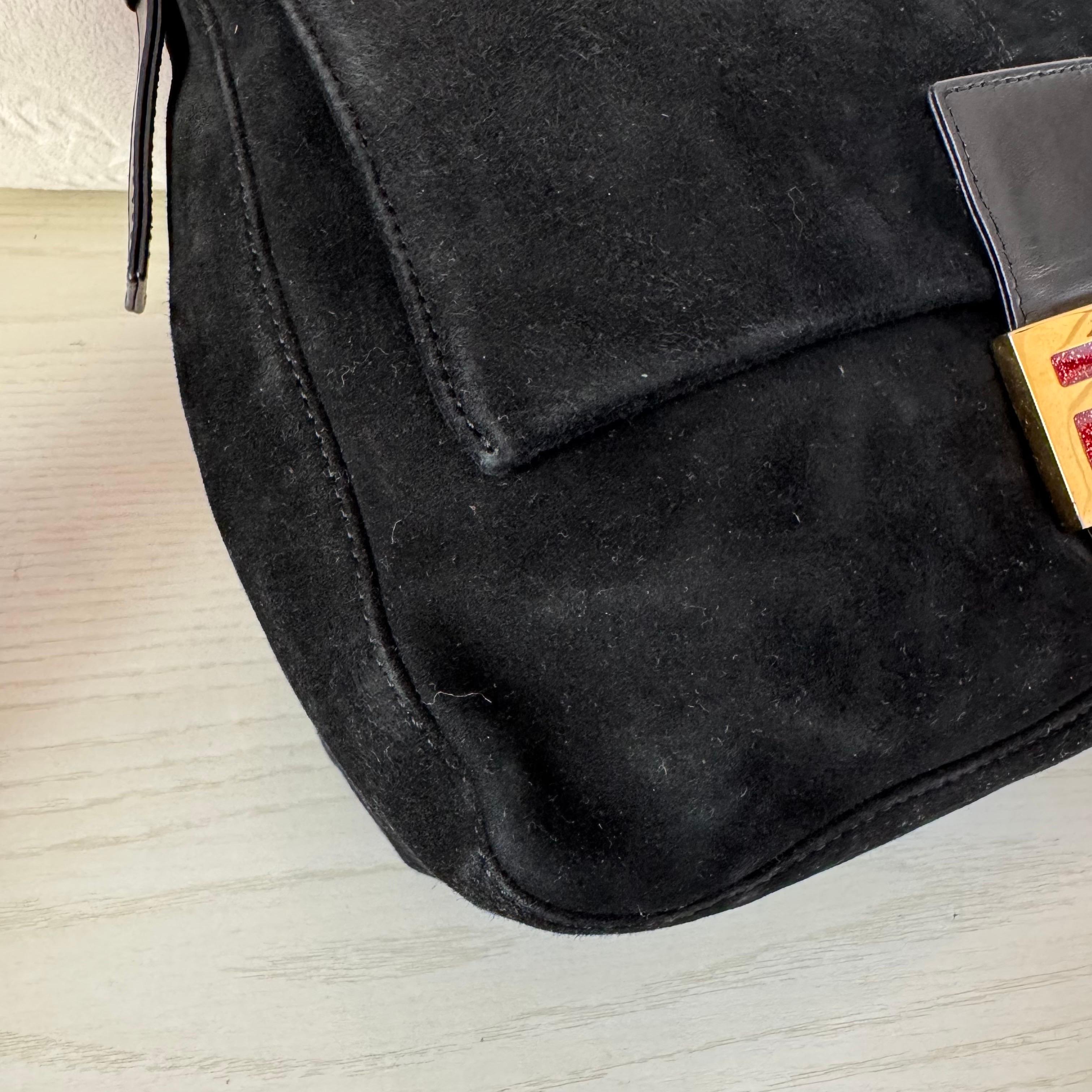 Fendi Mamma Baguette Black Suede Leather Red Buckle For Sale 5