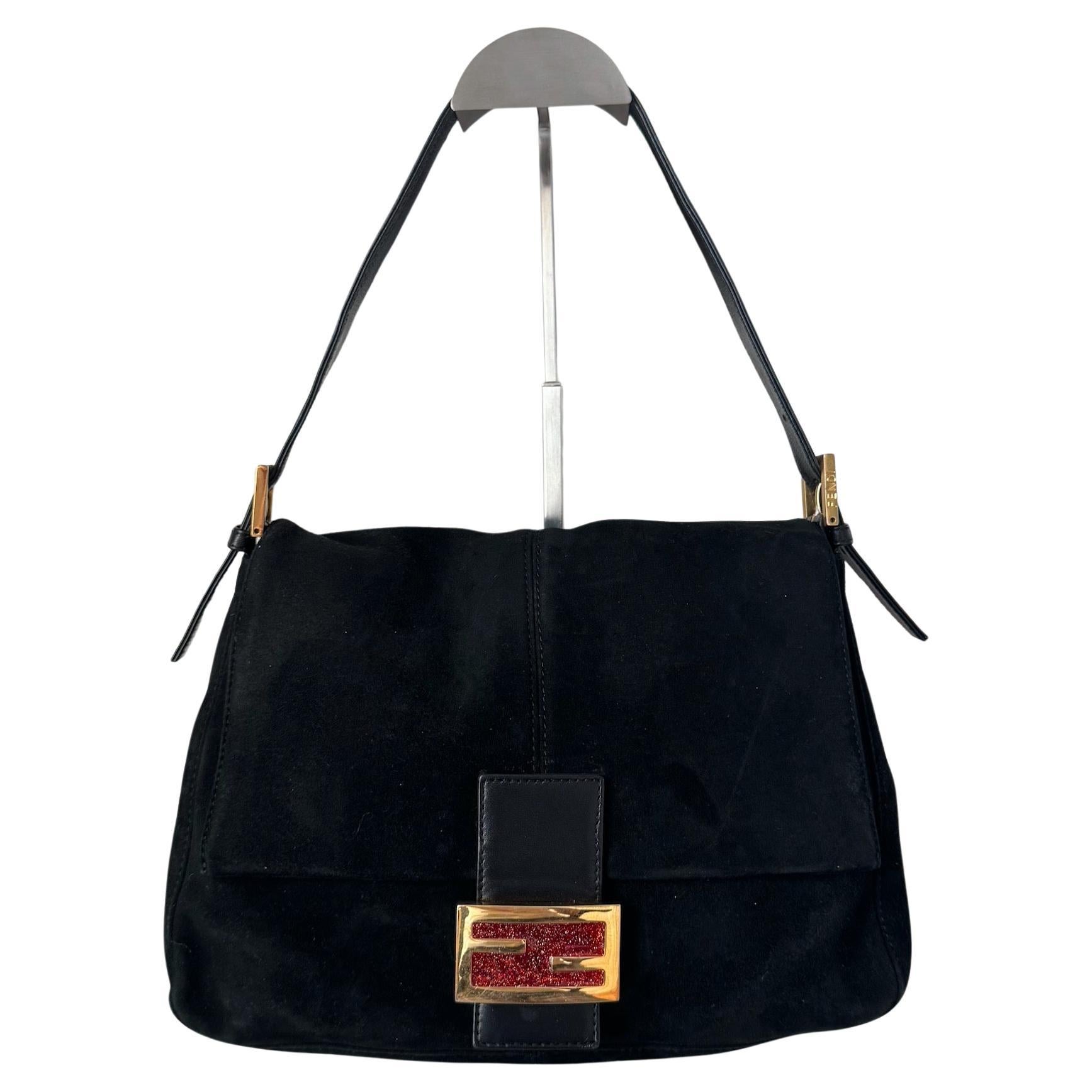 Fendi Mamma Baguette Black Suede Leather Red Buckle For Sale