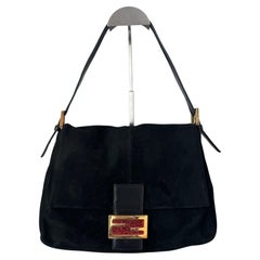 Fendi Mamma Baguette Black Suede Leather Red Buckle