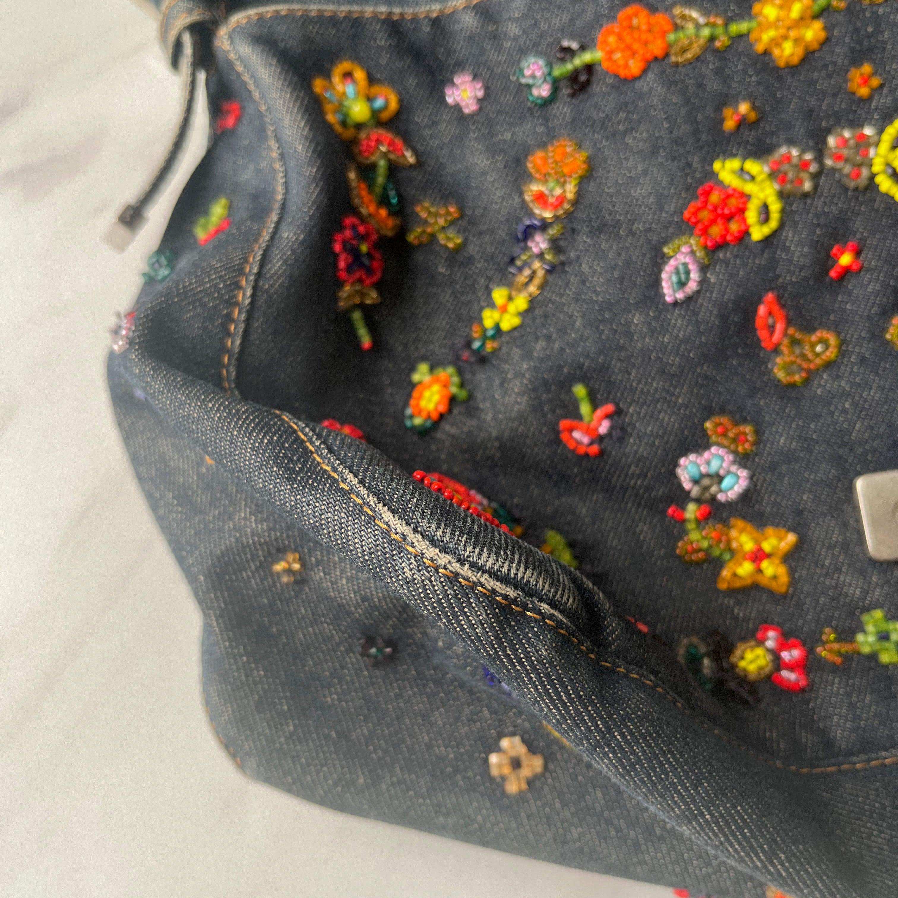 FENDI Mamma Baguette Blue Denim with Floral Beads 6