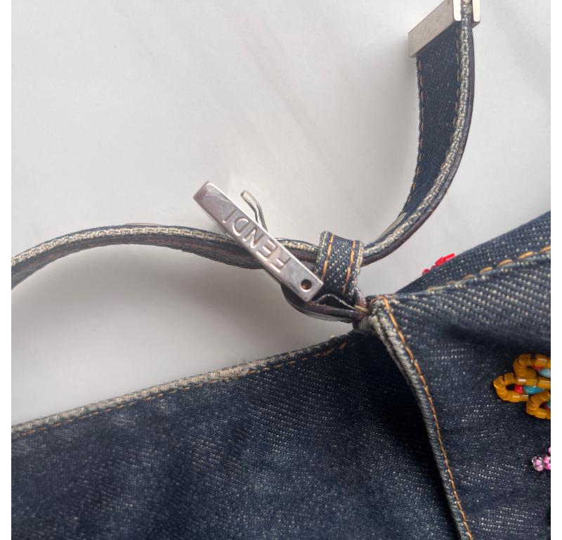 FENDI Mamma Baguette Blue Denim with Floral Beads 10