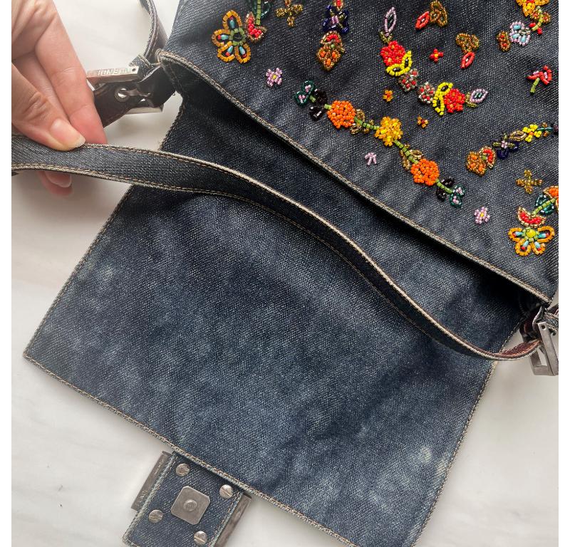 FENDI Mamma Baguette Blue Denim with Floral Beads 12