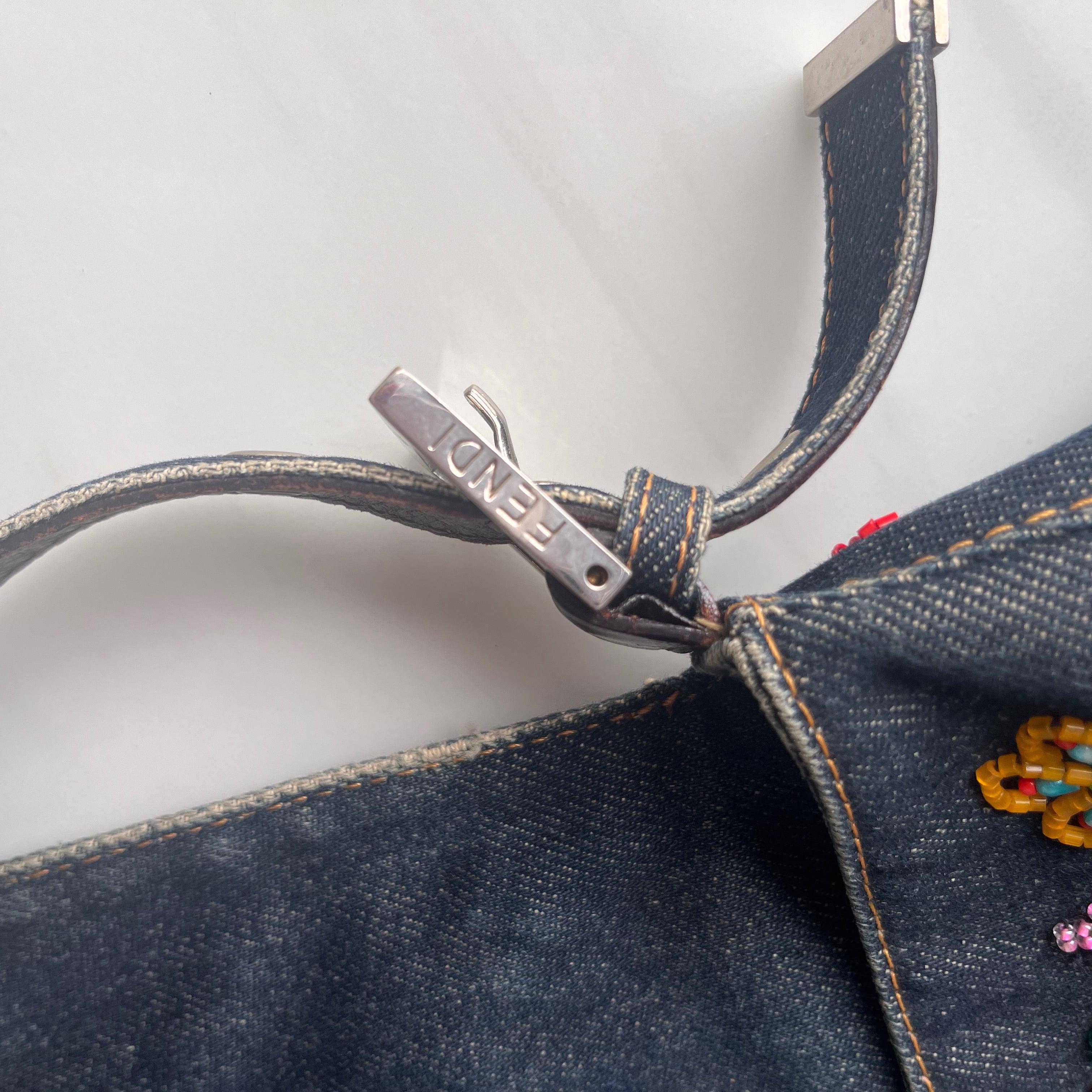 FENDI Mamma Baguette Blue Denim with Floral Beads 14